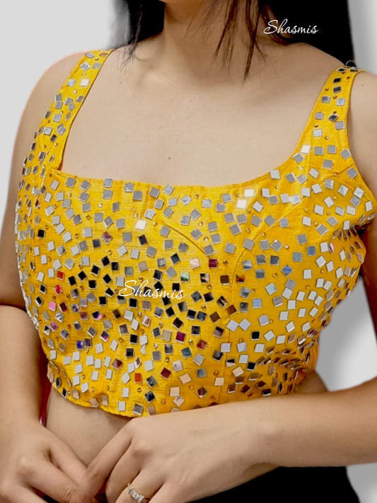 Mustard Color Silk Mirror Work Blouse 