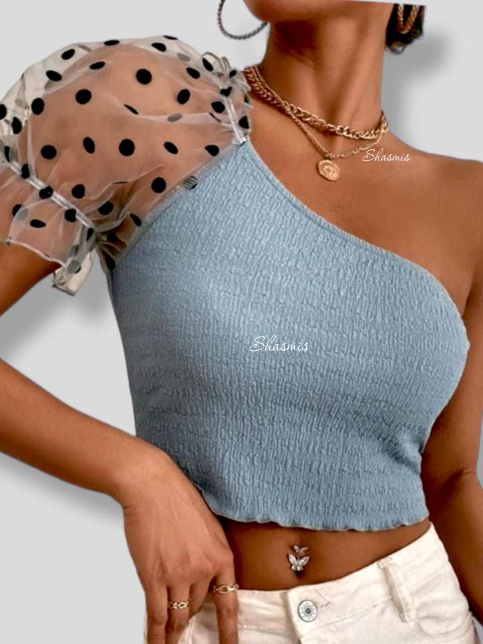 Contrast Polka Dot One shoulder Shirred Blouse