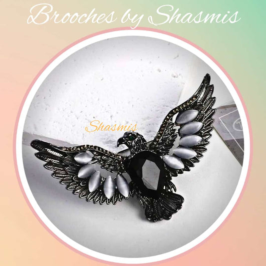 Black Color Eagle With Grey Stones Brooch