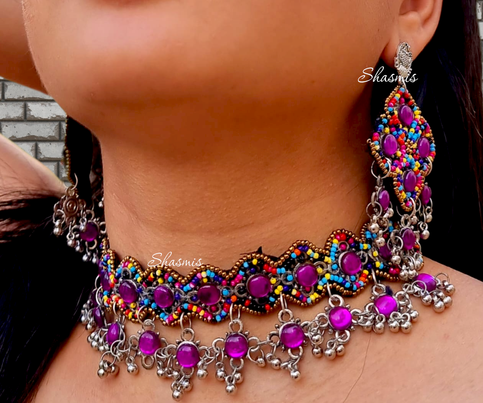 Purple Stone With Multicolour Beads Choker Set With Earrings
