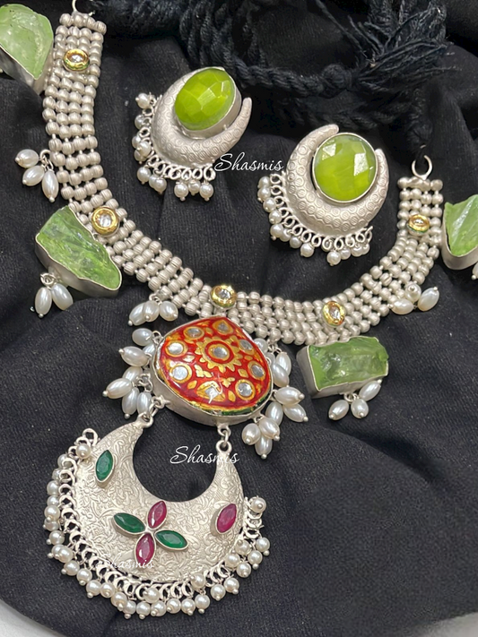 Light Green Druzy Silver Necklace