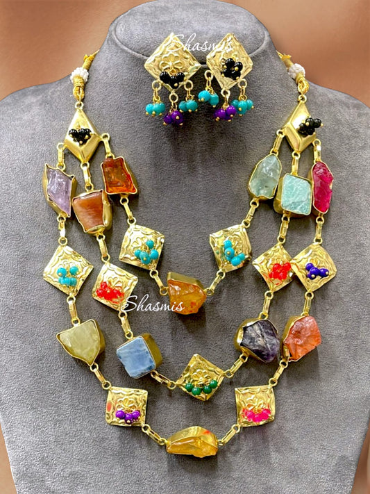 Multi Color Stone Layer Druzy Necklace 
