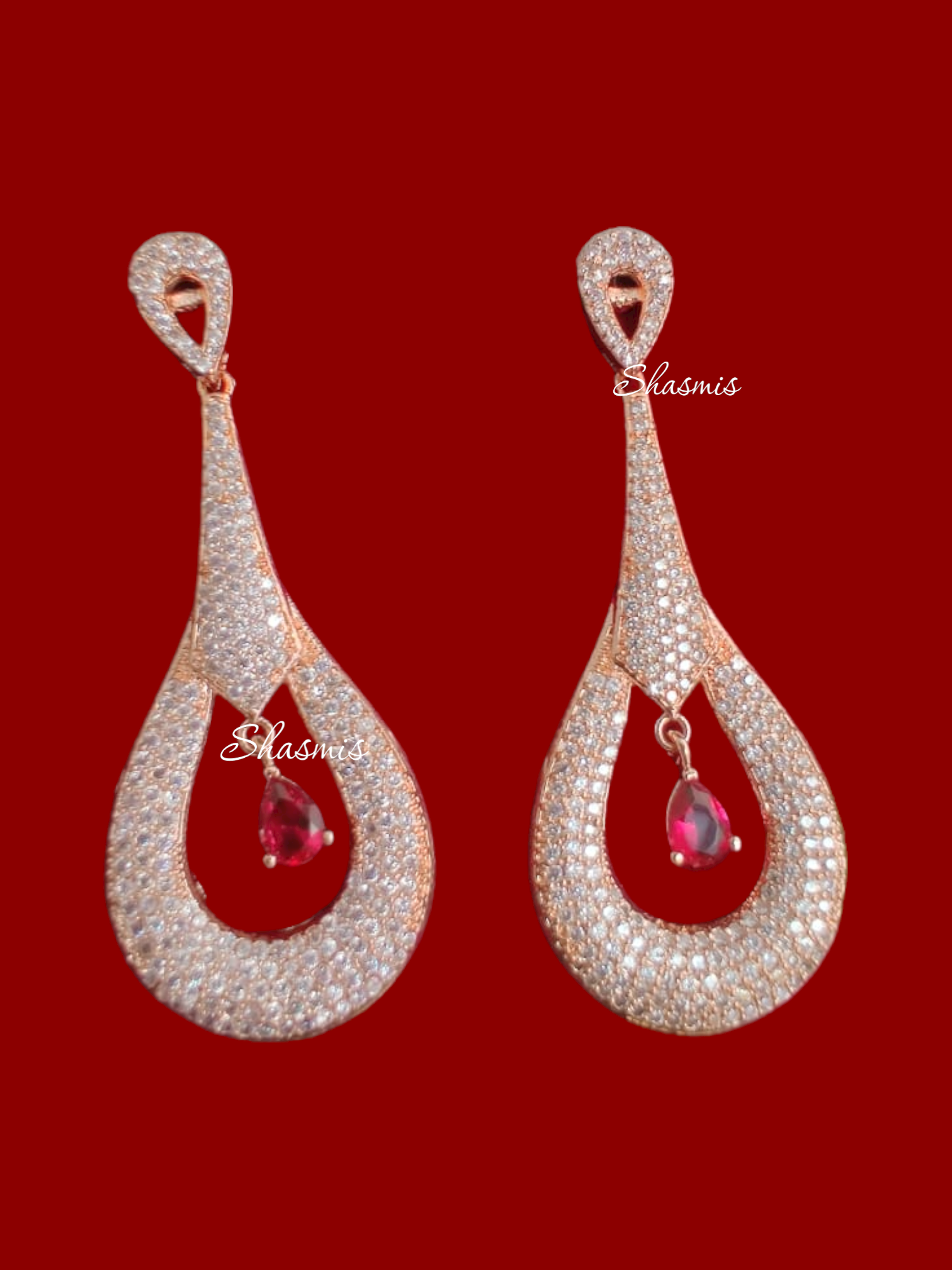 Rose Gold Finish With Ruby In the Centre Diamond Earrings