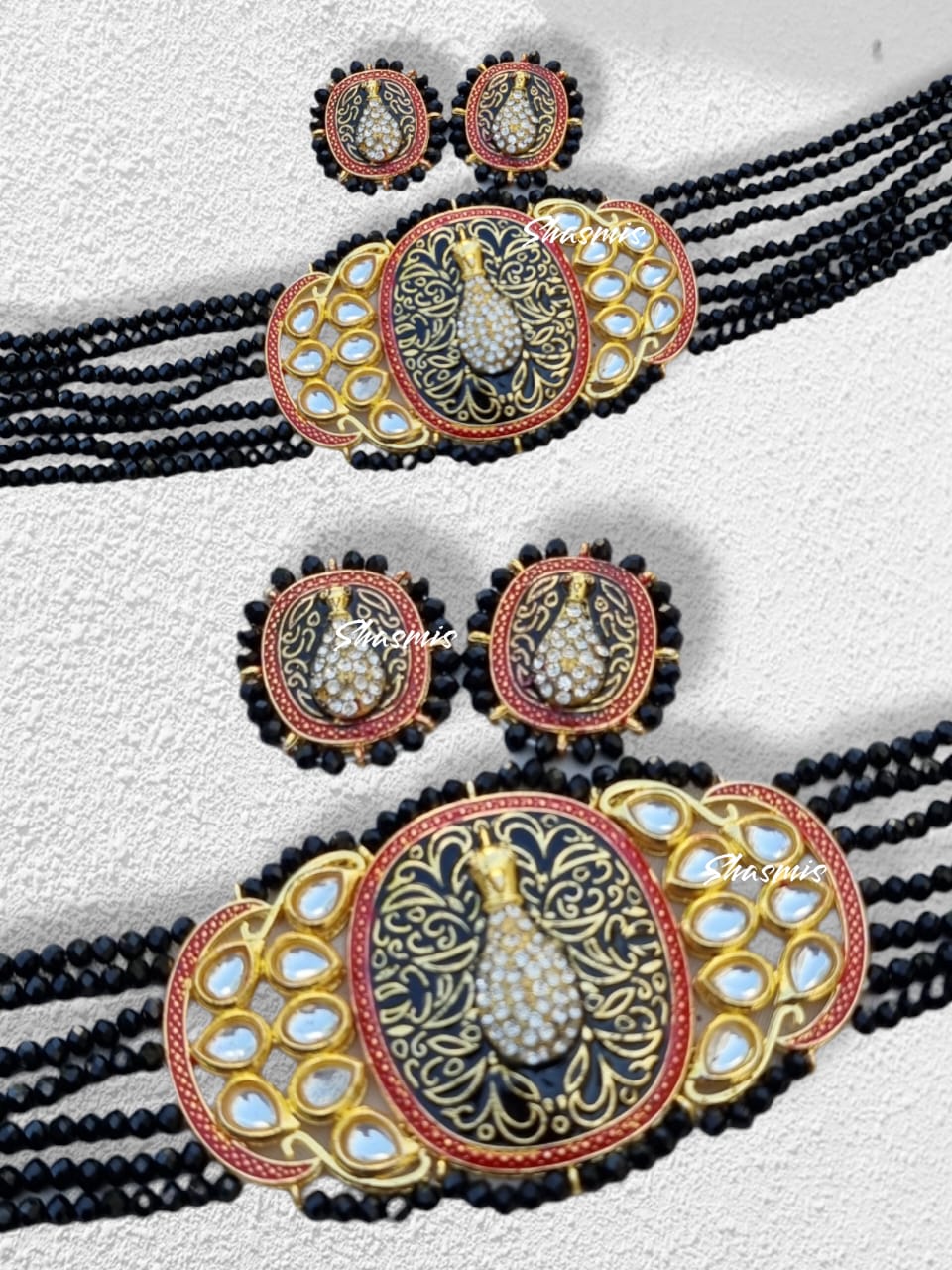 Black Color Peacock Design  Diamond Work Wide Choker