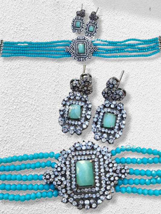 Sea Green Centre Stone With Blue Kundan Beads Necklace 