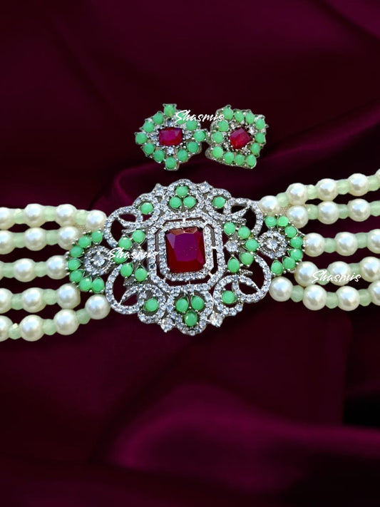Green Color Necklace With Ruby In centre 