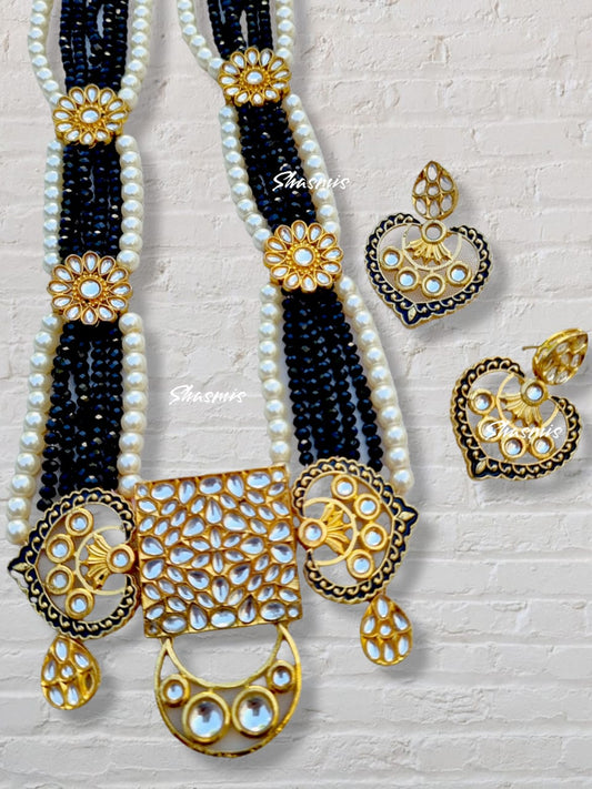 Black Beads Kundan Long Neckalce With White Pearl 