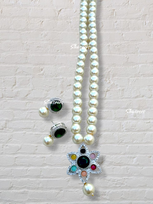 Long Pearl Necklace With Multi Color Stones Pendent