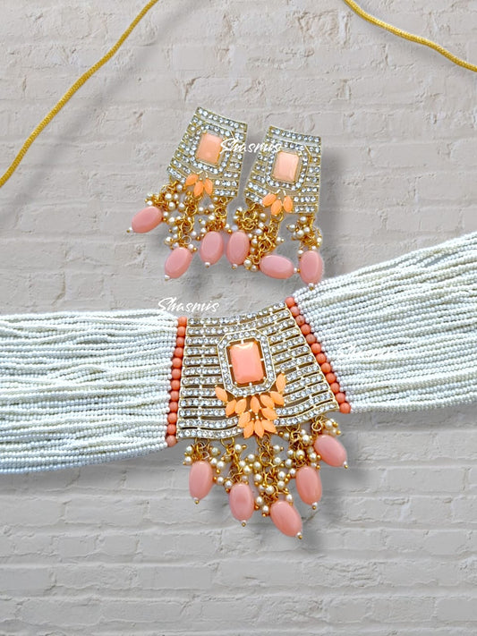 Neon Orange Stone With Pink Beads On Drop Necklace 