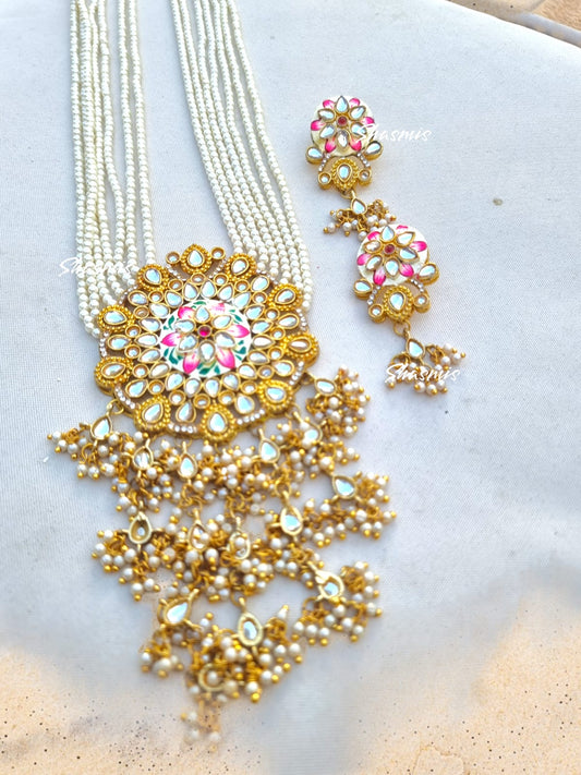 Pink Centre Flower Kundan Long Necklace With Pearls On Drop