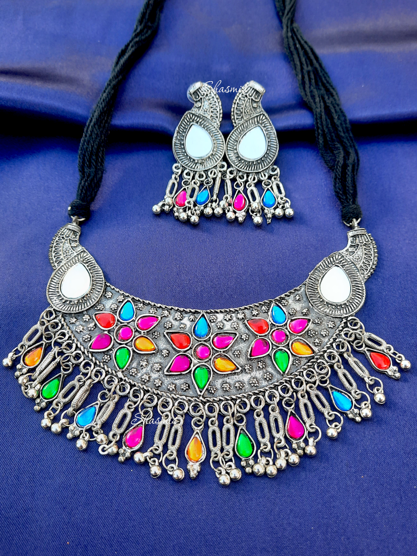 Colorful Flower Oxidised Long Necklace 