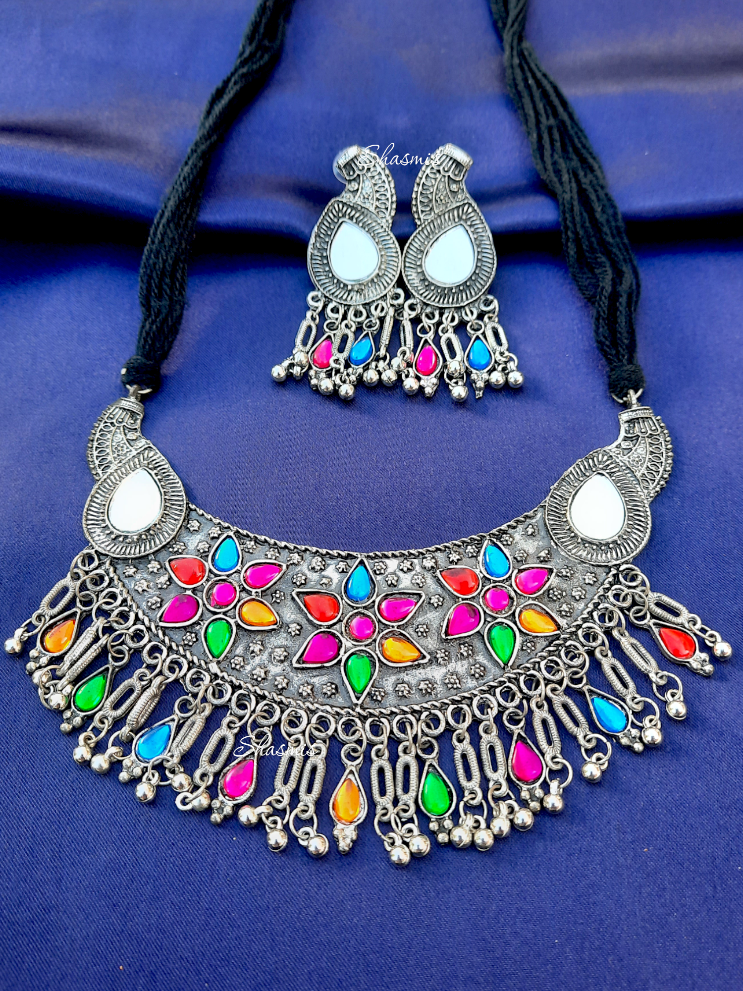 Colorful Flower Oxidised Long Necklace 