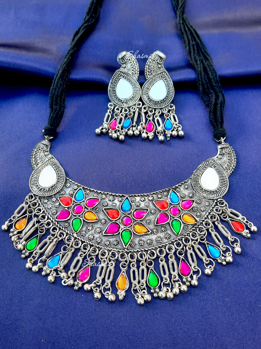 Colorful Flower Oxidised Long Necklace 