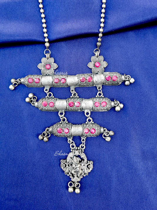 Pink Color Stone Long Oxidised Necklace 