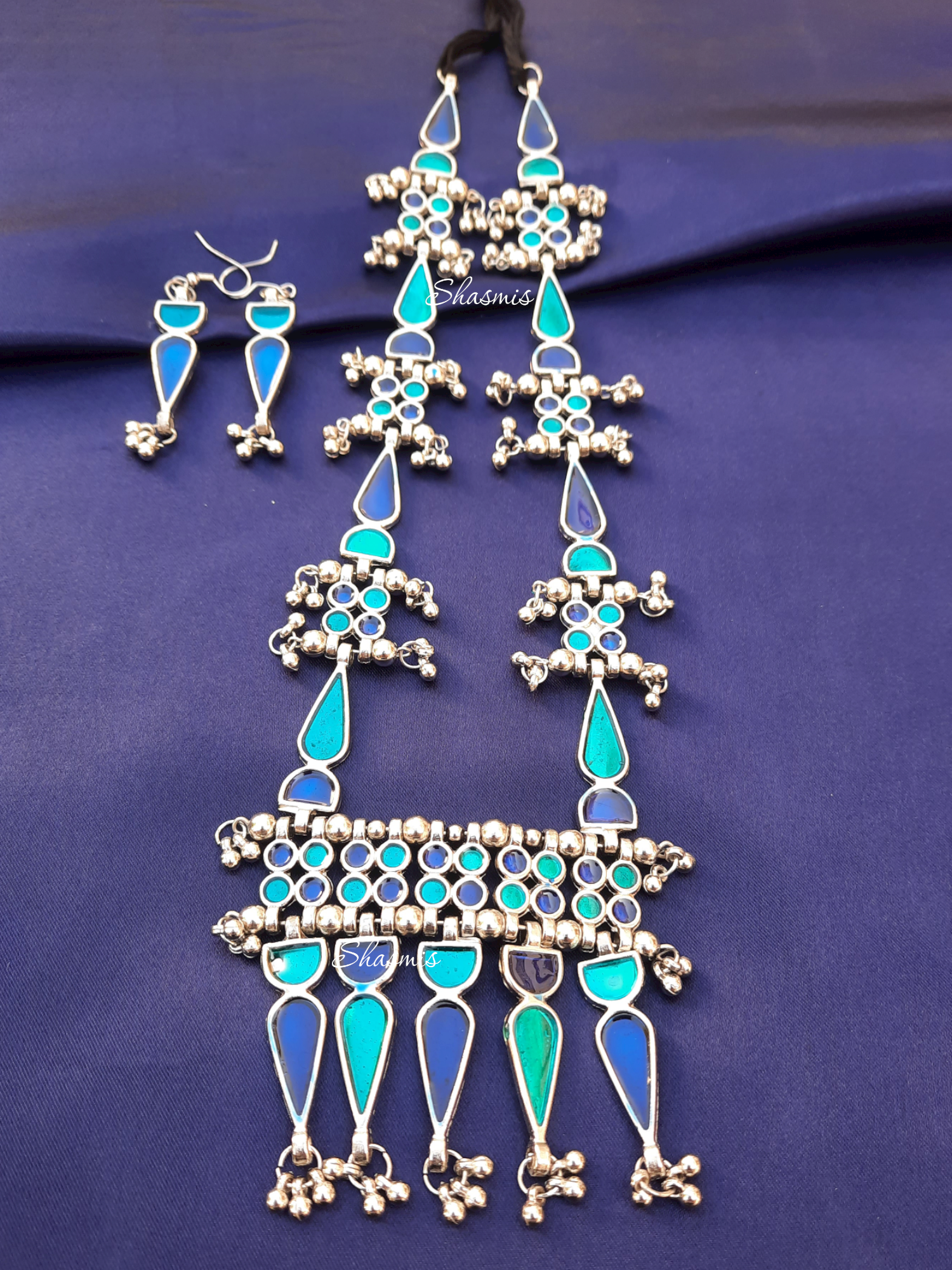 Blue Shade Oxidised Long Necklace 