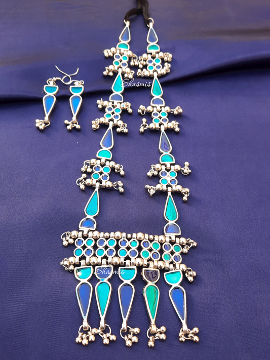 Blue Shade Oxidised Long Necklace 