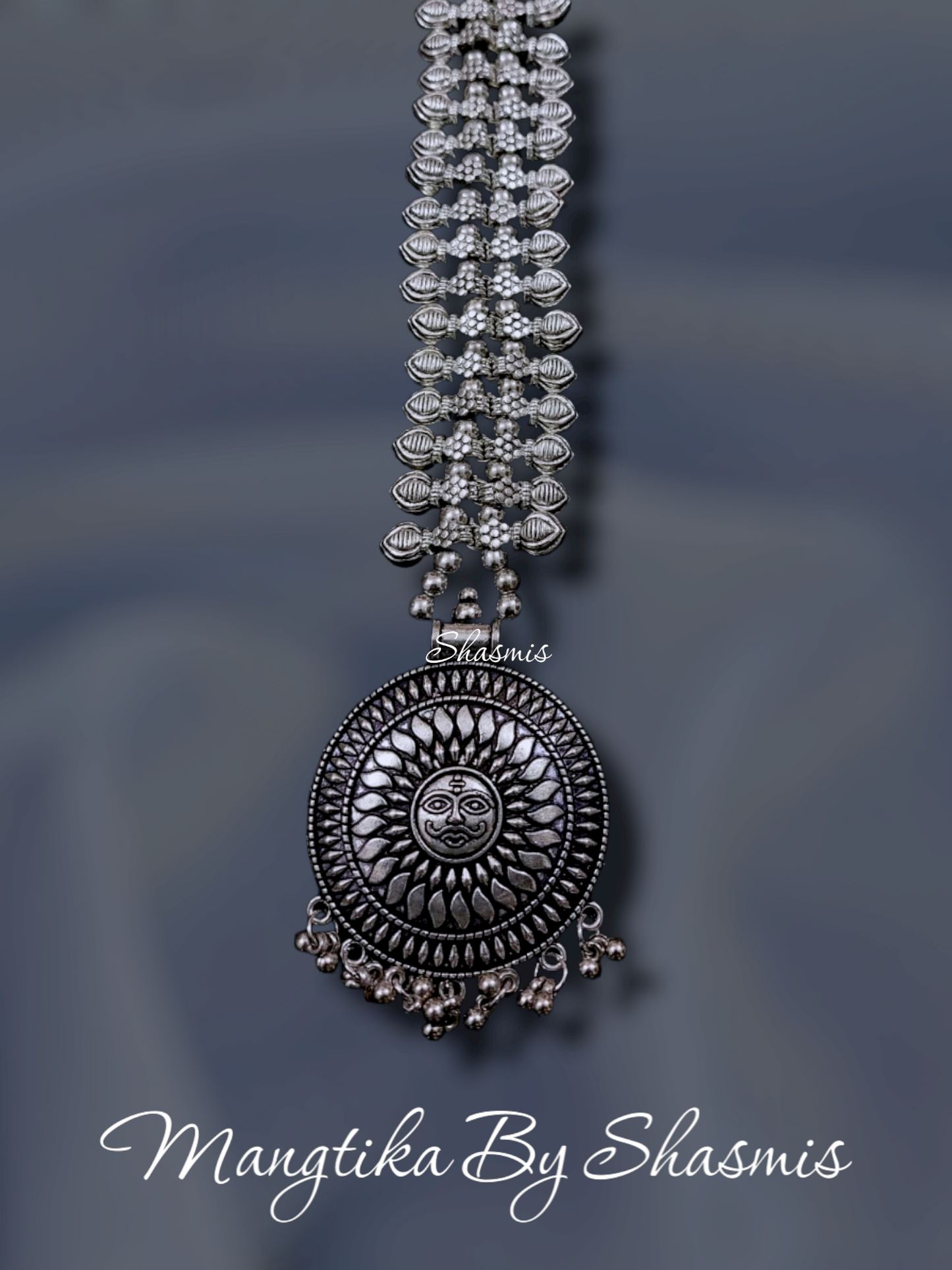 Oxidised Sun Design Silver Trendy Mangtika