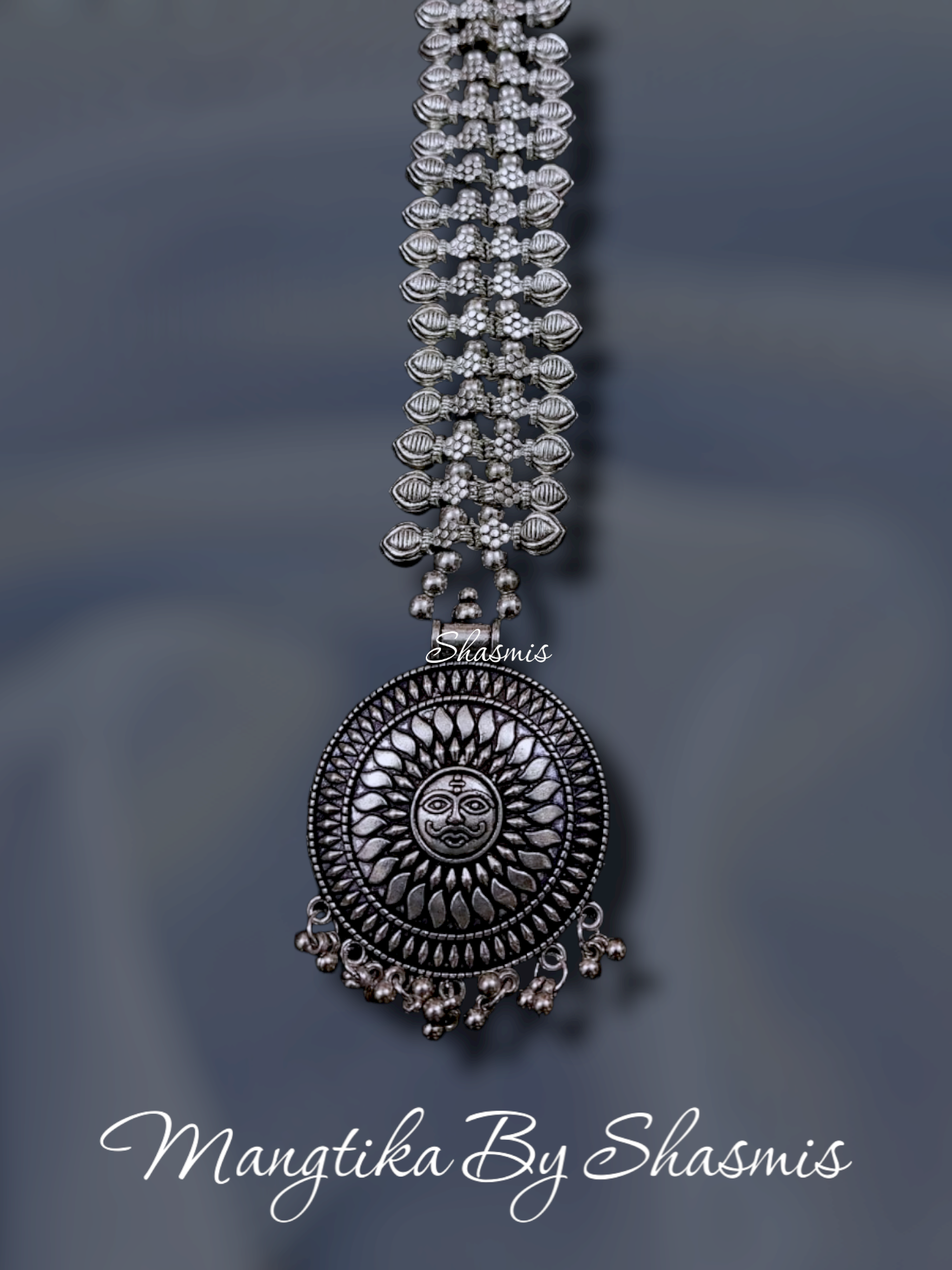 Oxidised Sun Design Silver Trendy Mangtika