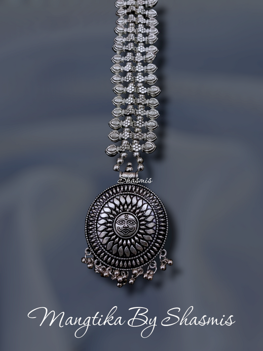 Oxidised Sun Design Silver Trendy Mangtika