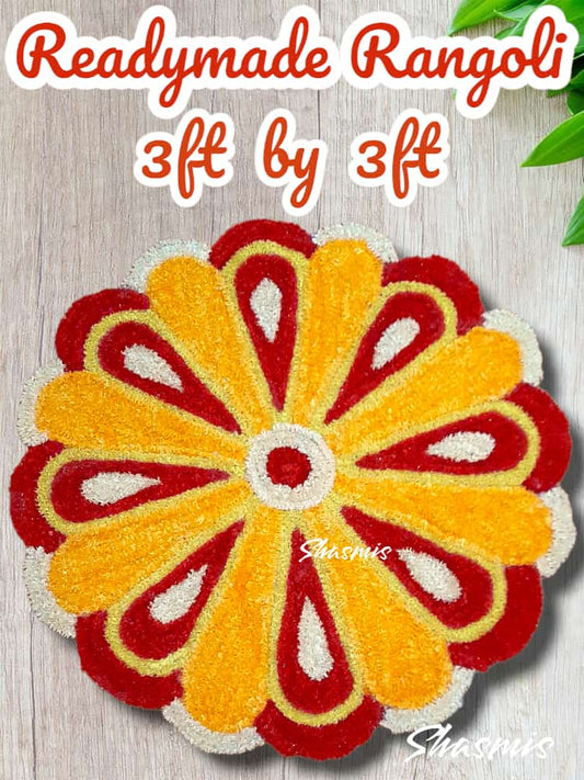 Yellow Red Color Flower Design Rangoli 3ft by 3ft 