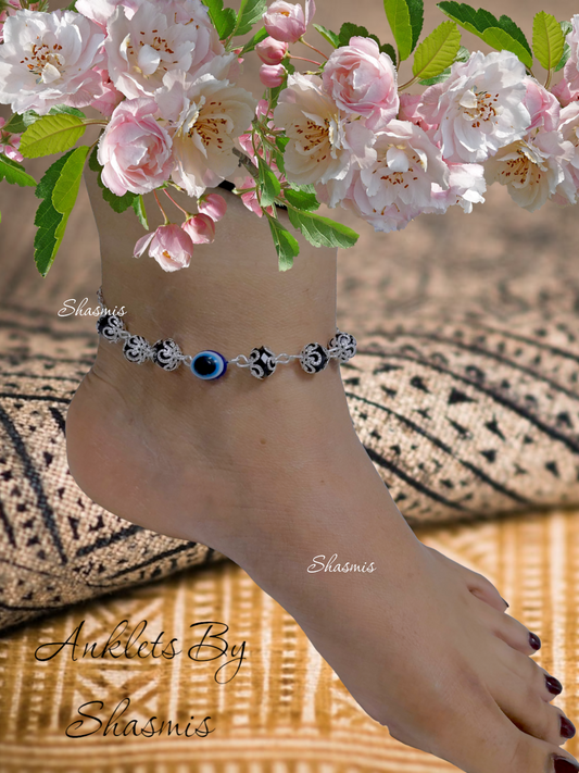 Evil Eye Anklet With Black And Silver Design Beads 