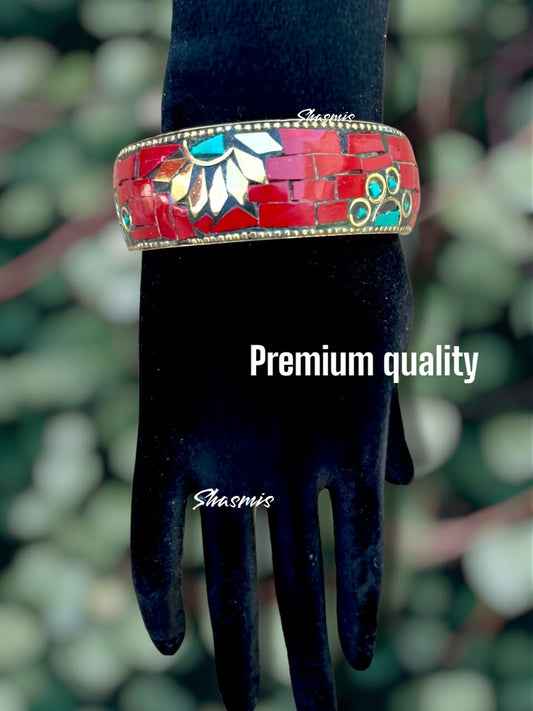 Tibetan Red and Rama Blue Color design Gold Plated Bangle