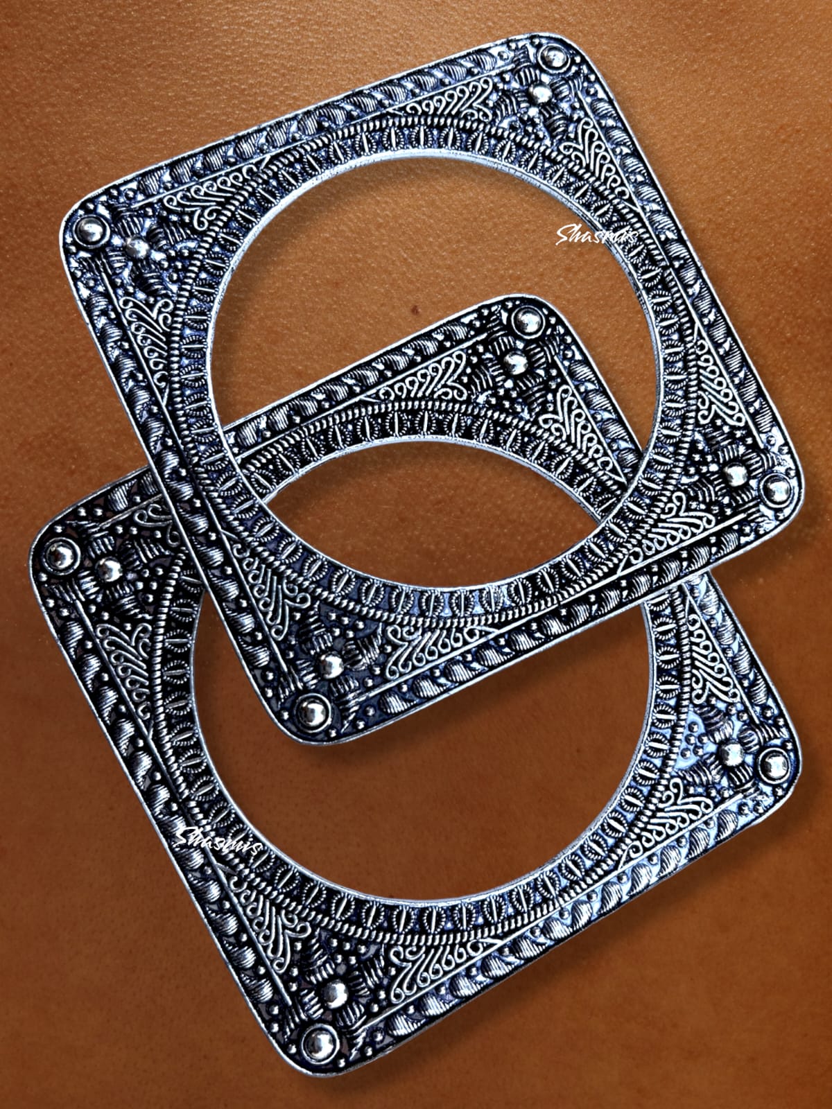 Square Design Silver Oxidised Afghani Bangles 