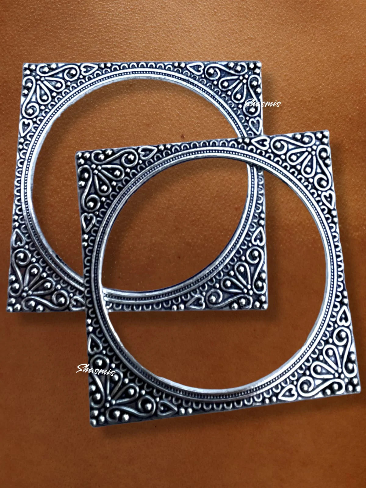 Square Design Silver Oxidised Bangles 
