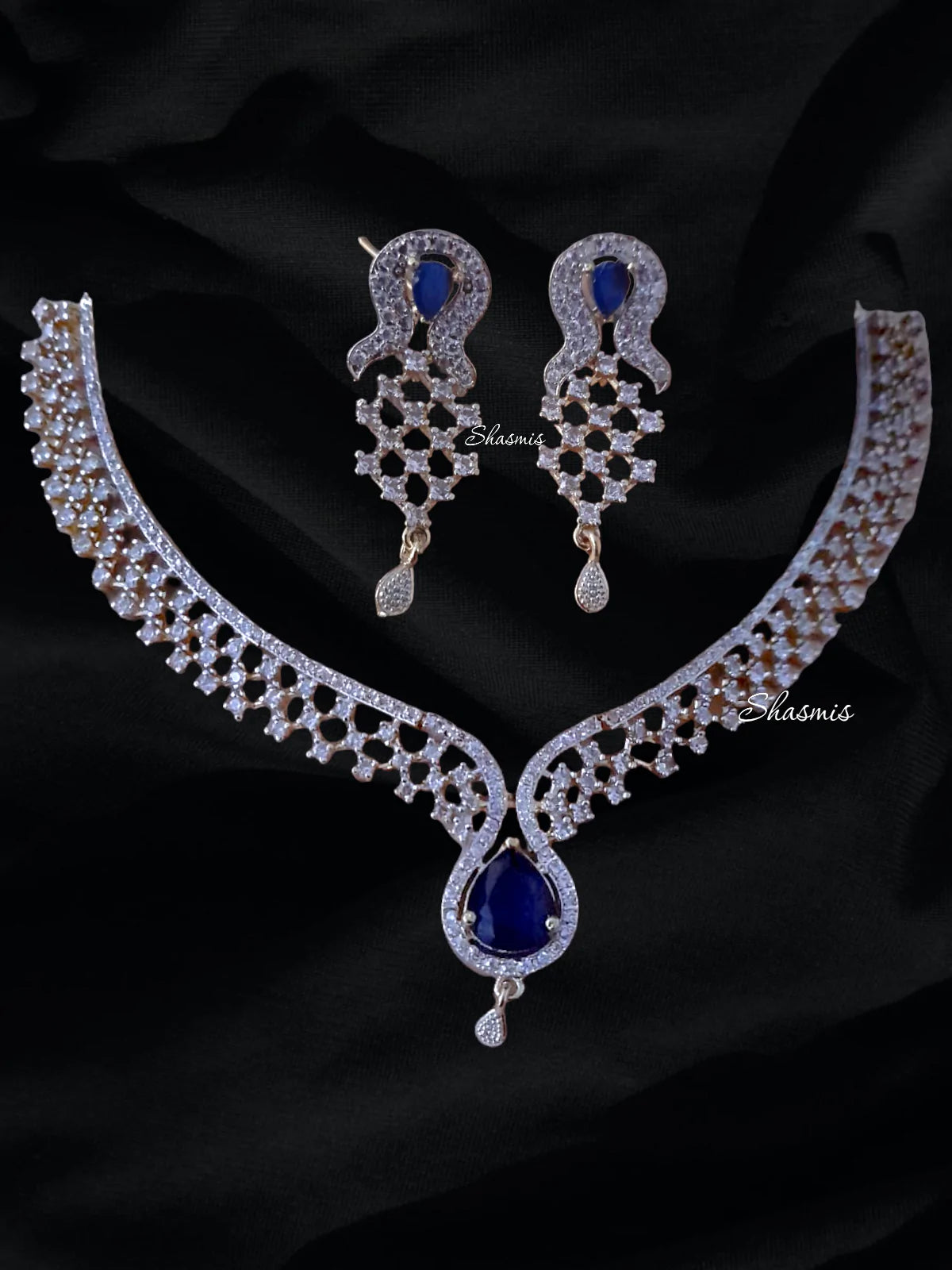 Blue Stone Silver American Diamond Necklace 