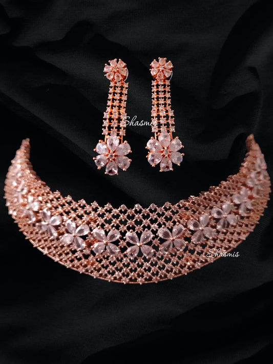 Flower Design White Stone With Rose Gold American Diamond Necklace