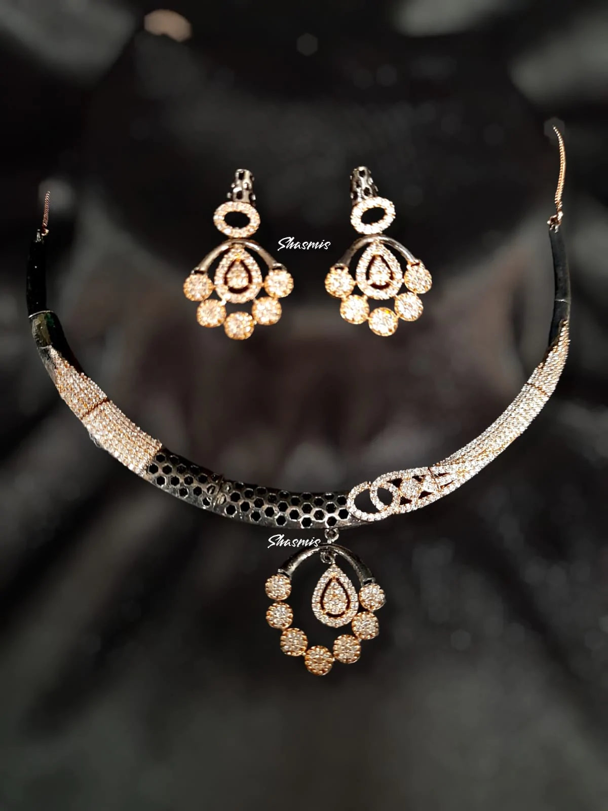 Rose Gold and Metal Tone Diamond Necklace 