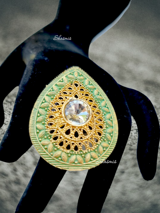 Green Color White Centre Stone With Golden Plated Ring