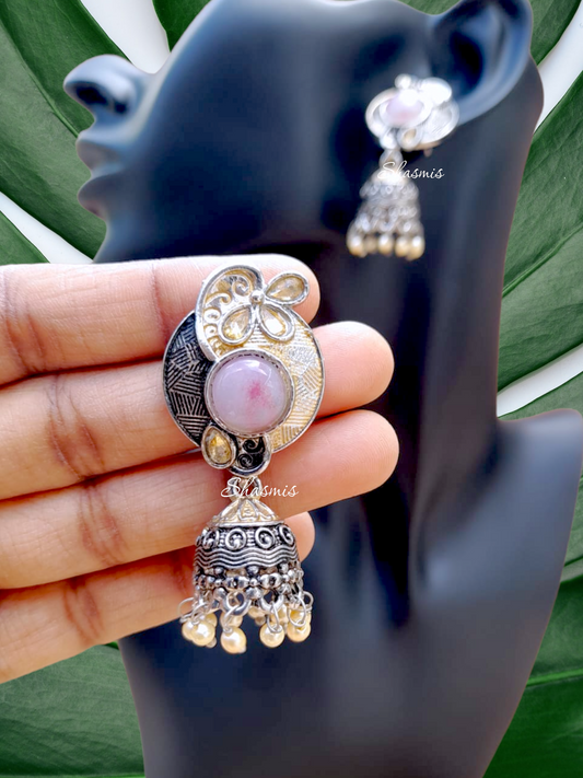 Pink Stone Long Jhumka Silver Earrings
