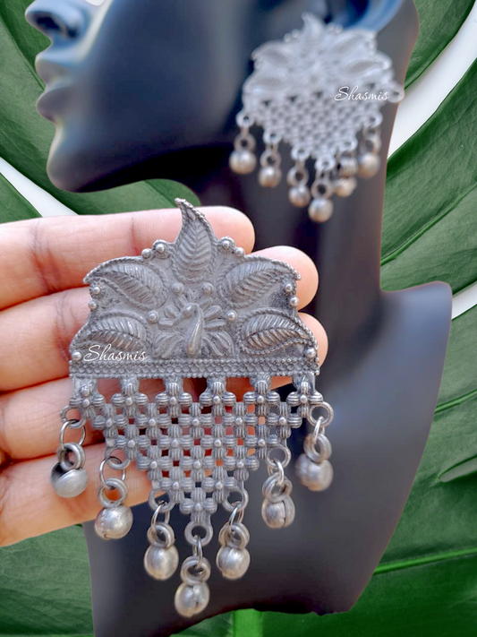 German Silver Long Drop Ghungroo Earrings