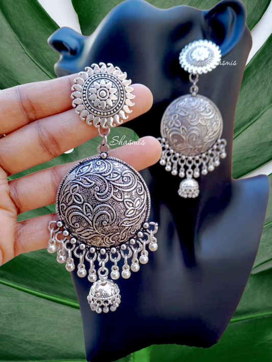 Silver Oxidised Long Jhumka Earrings 