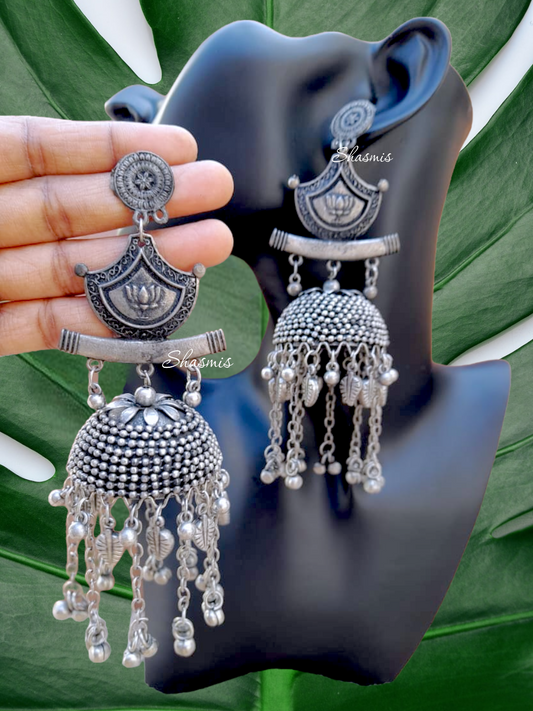 Long German Silver Lotus Drop Earrings 
