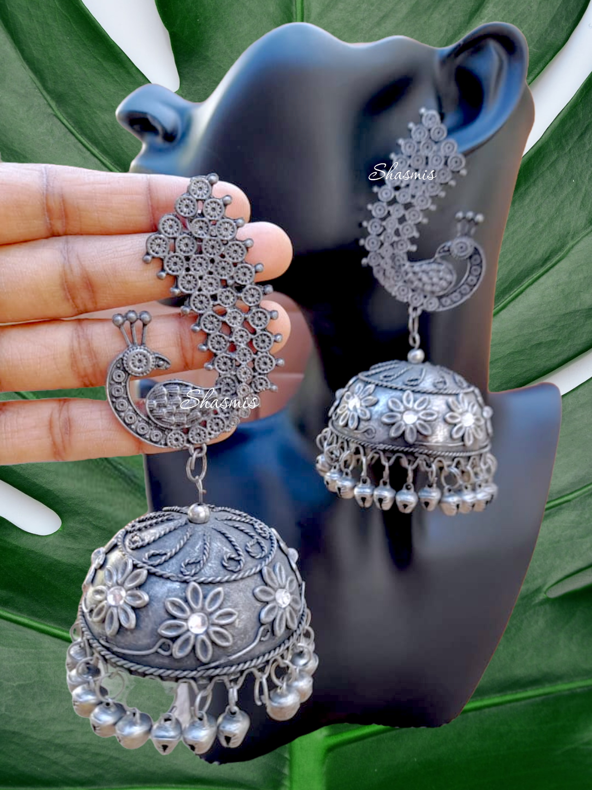 German Silver Peacock Design Long Jhumka Earrings