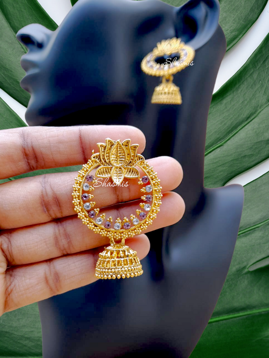 Golden Plated Lotus Jhumka Earrings