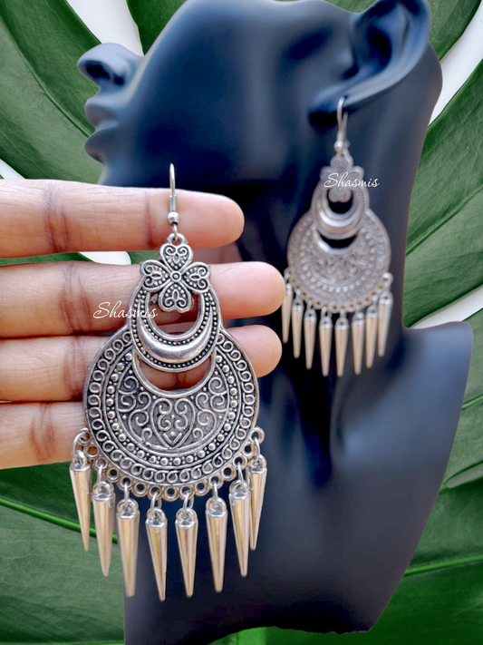 Long Tassel Silver Oxidised Earrings