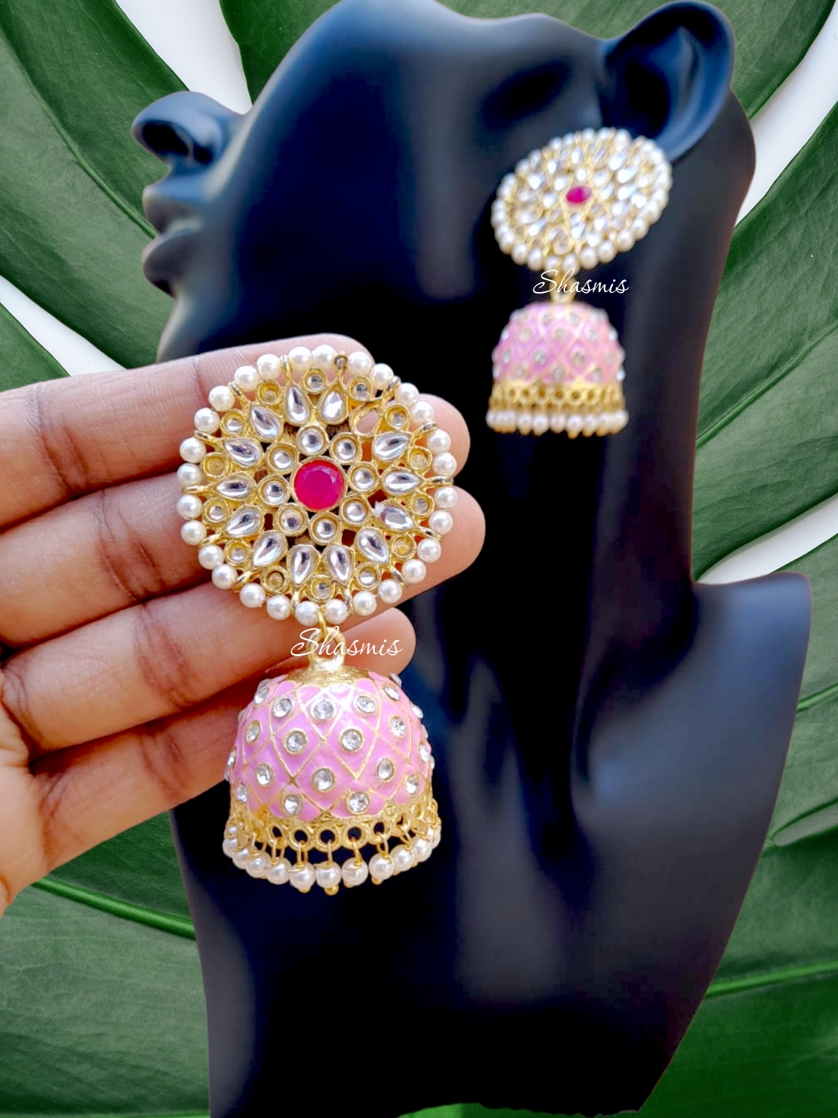 Pink Color Kundan Jhumka Earrings