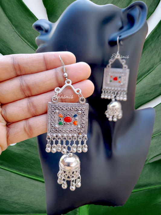 Square Shape Long Jhumka Silver Earrings