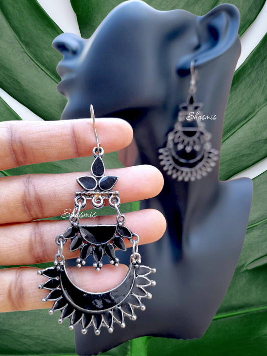 Long Black Silver Oxidised Earrings