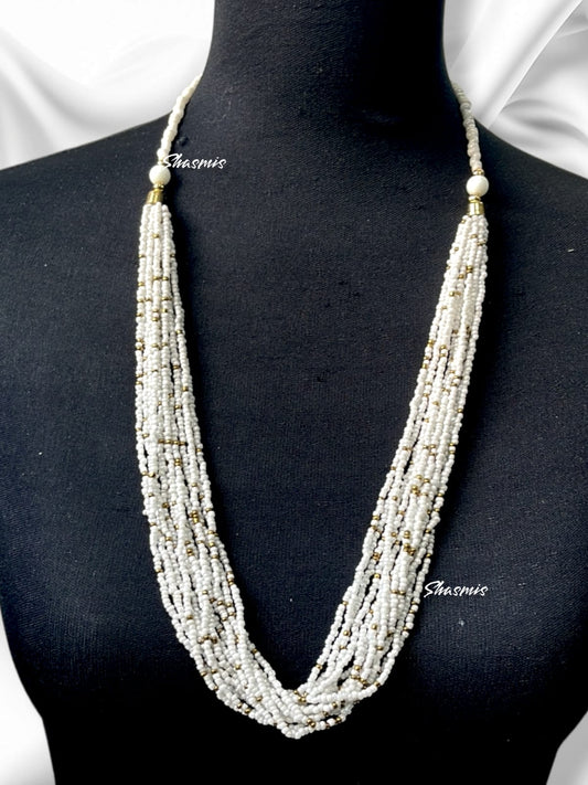 Long White and Golden Beads Necklace 
