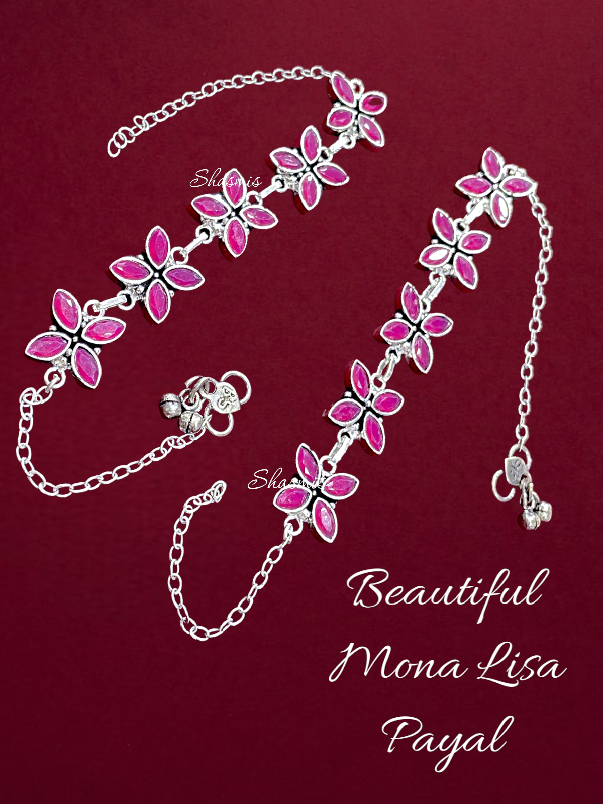 Magenta Color Flower Silver Anklet