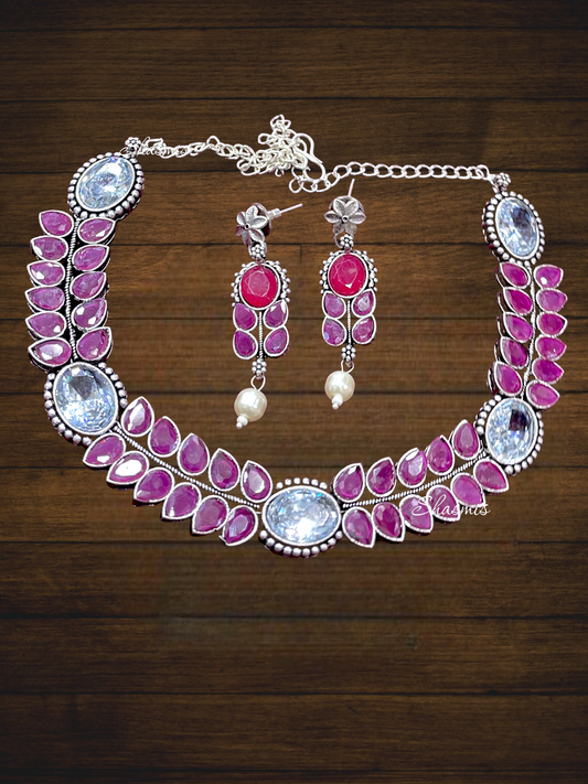 Magenta Color Stones Silver Plated Necklace
