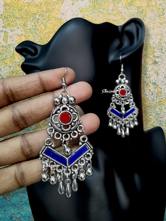 Blue Color Silver Long Drop Earrings
