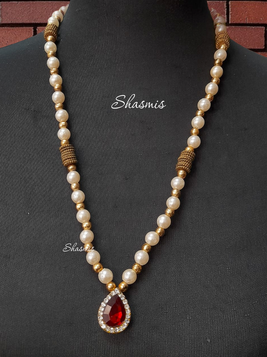Long Red Color Stone Pearl Necklace