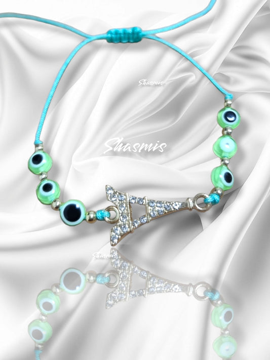Green Beads Eiffel Tower Design Evil Eye Bracelets