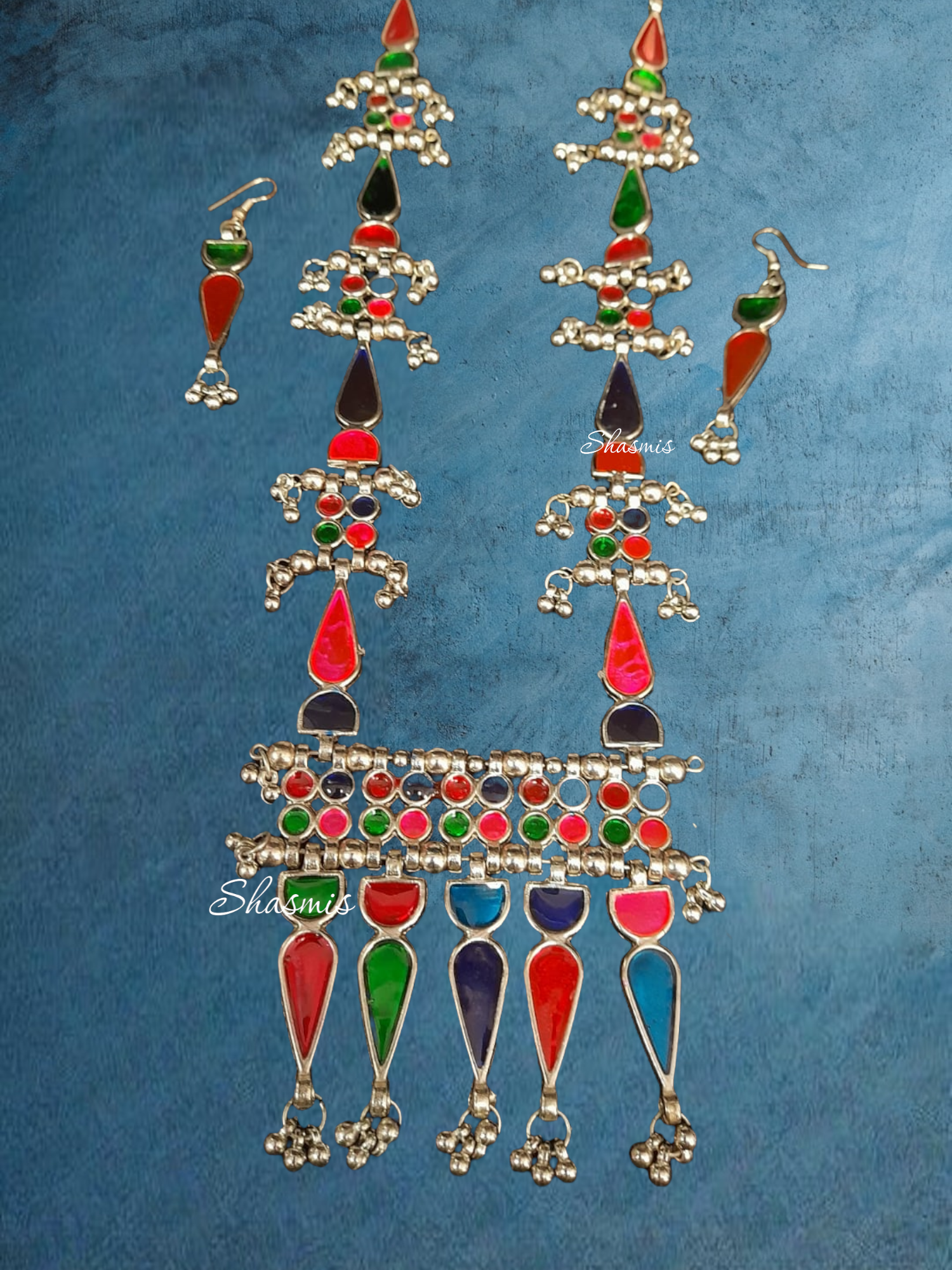 Multi Color Long Silver Design Necklace With Ghungroo