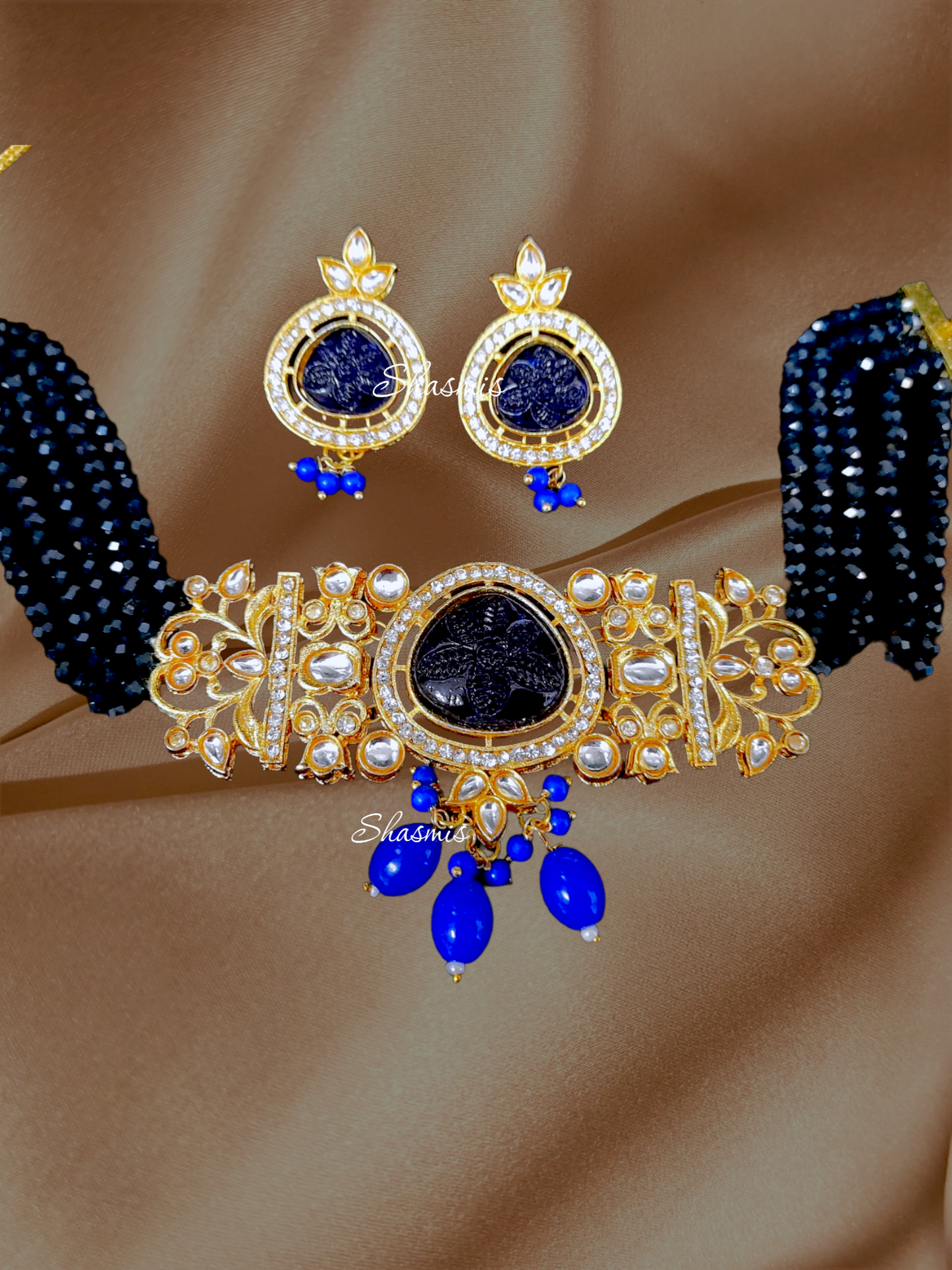 Blue Stone Kundan Choker With Earrings